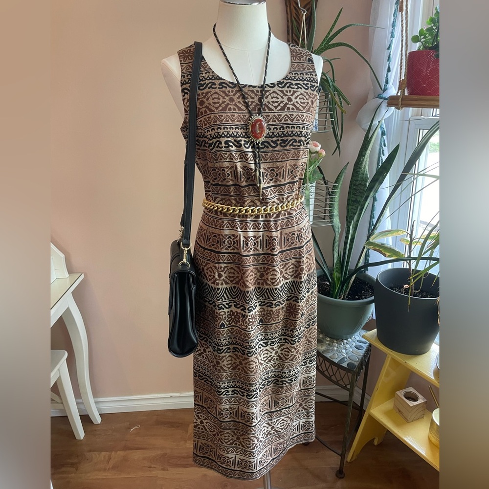 Vintage 90s Earthy Boho Chic Aztec Print Midi Sheath Dress, Size Small